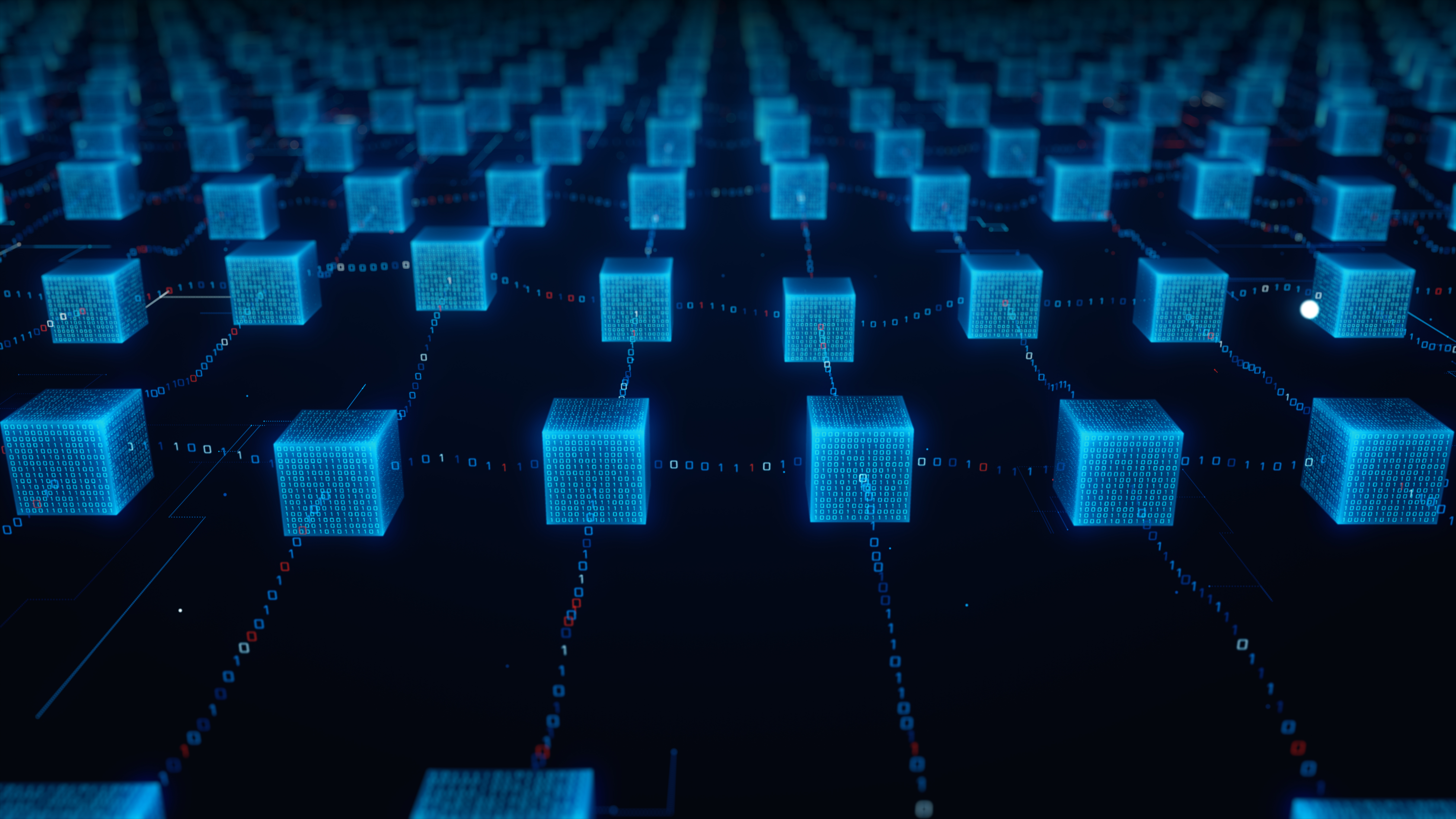 Blockchain Network Technology Background with Connected Data Cubes, Digital Blocks and Binary Data Flow for Cryptocurrency, Cyber Security, Fintech, Big Data and Decentralized Systems. 3d rendering